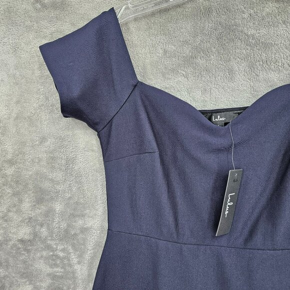 Lulus How Much I Care Off Shoulder Midi Dress L Navy Blue Trumpet Hi Low Hem New - Picture 3 of 14